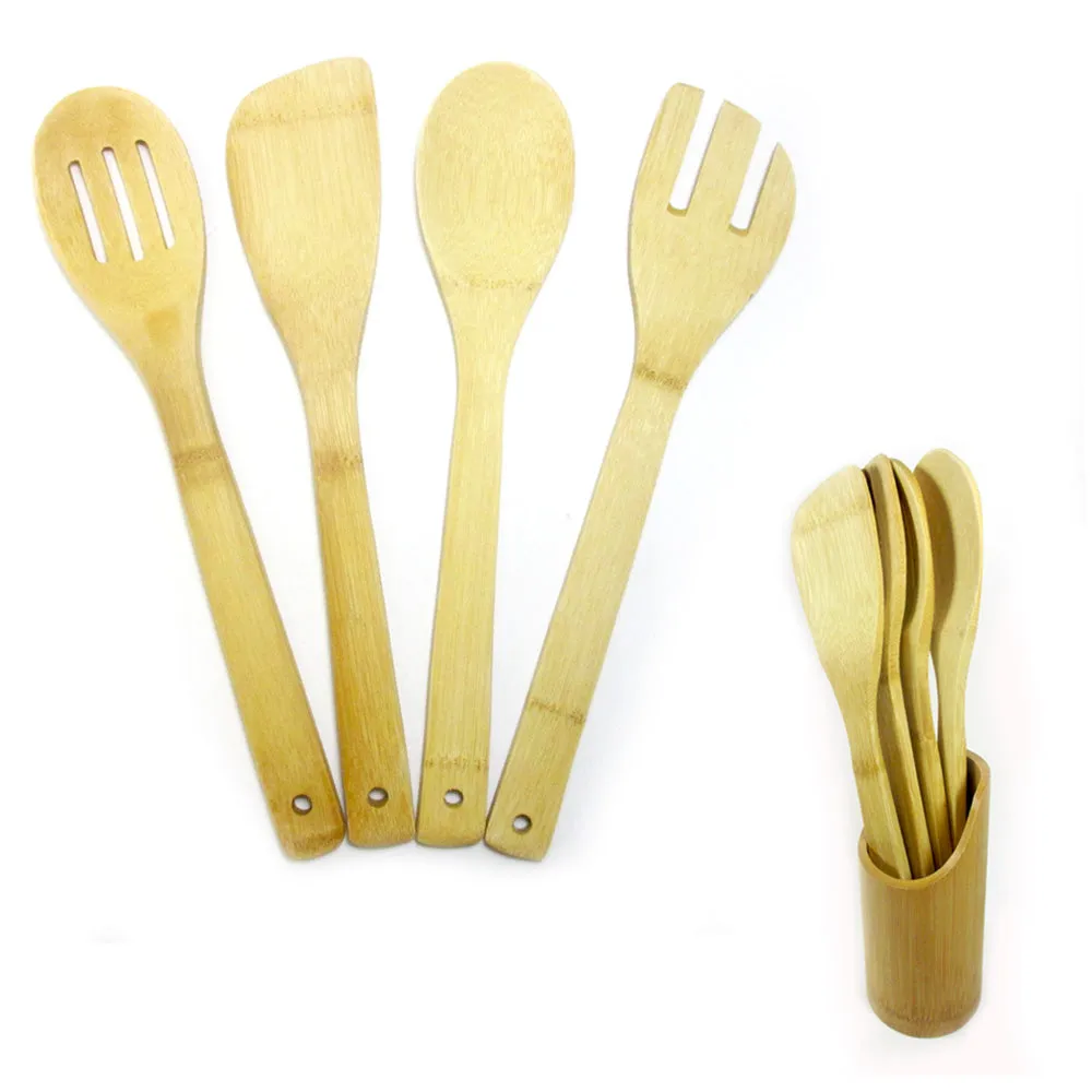 5 Pc Set Bamboo Wooden Kitchen Tools Cooking Utensil Spatula Spoon Fork Chef New