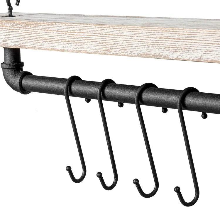 Ceiling Mounted Pot Rack with Industrial Matte Black Metal Pipe and Whitewashed Wood, Hanging Pots and Pan Organizer