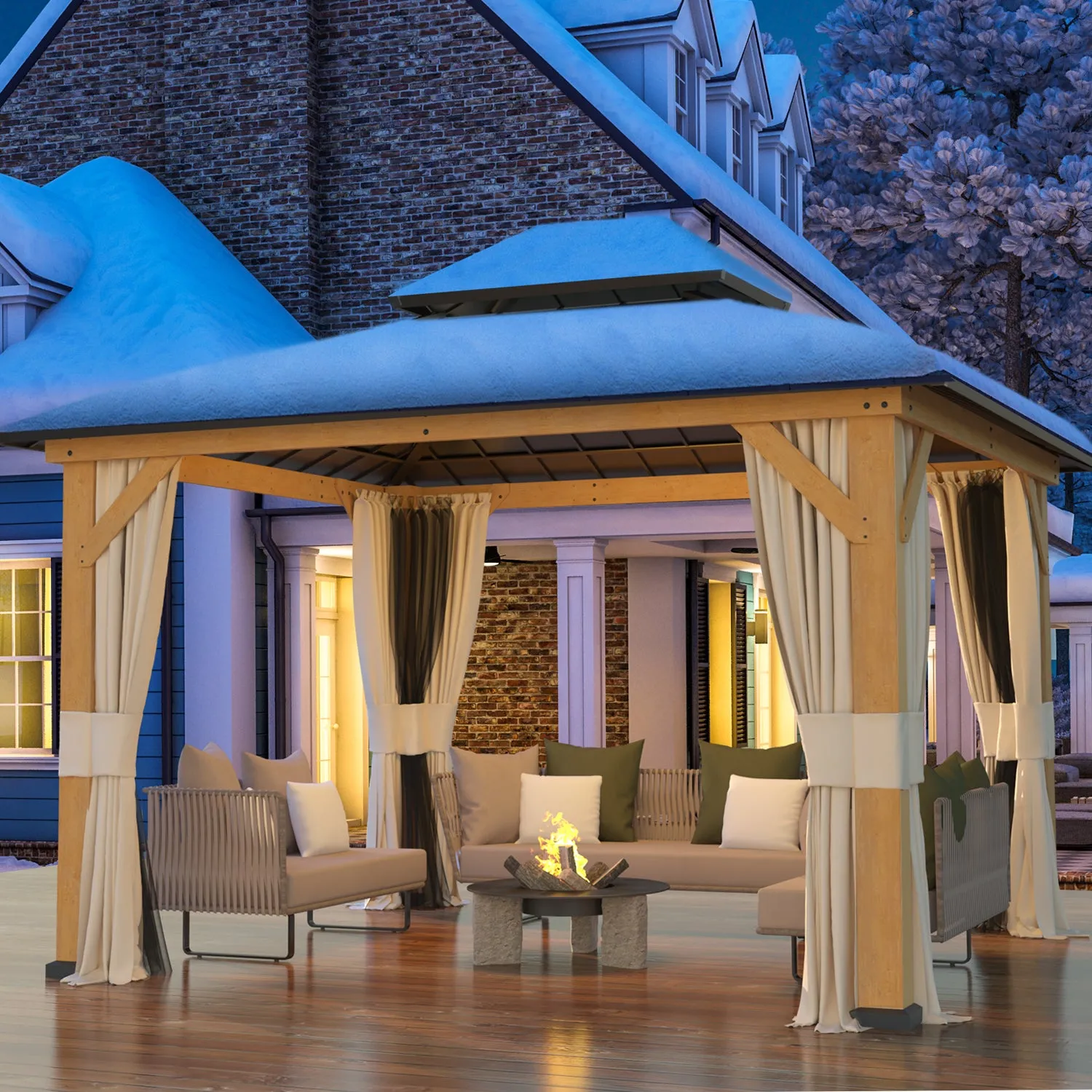 EROMMY 11' x 13' Outdoor Cedar Wood Hardtop Gazebo w/ Double Metal Roof, Curtains & Nettings