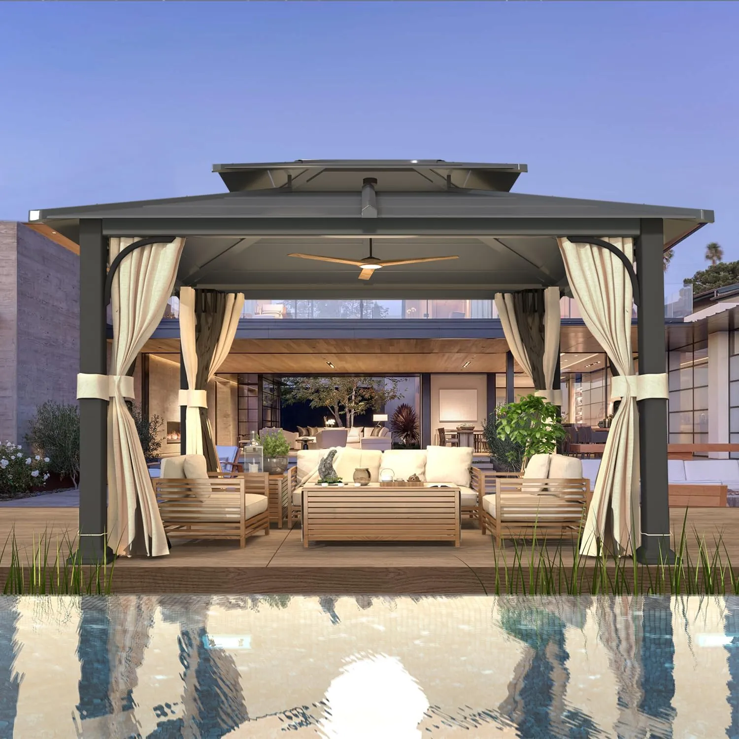 EROMMY 12' x 14' Hardtop Gazebo Outdoor Double Roof with Curtains and Netting,  Anti-Rust Coating Frame