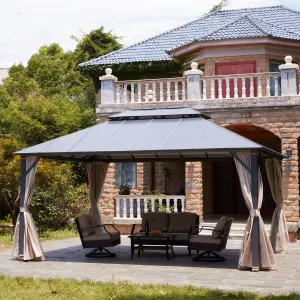 EROMMY 12‘ x 16' Hardtop Aluminum Patio Gazebo w/ Aluminum Composite Double Roof, Curtains &Netting