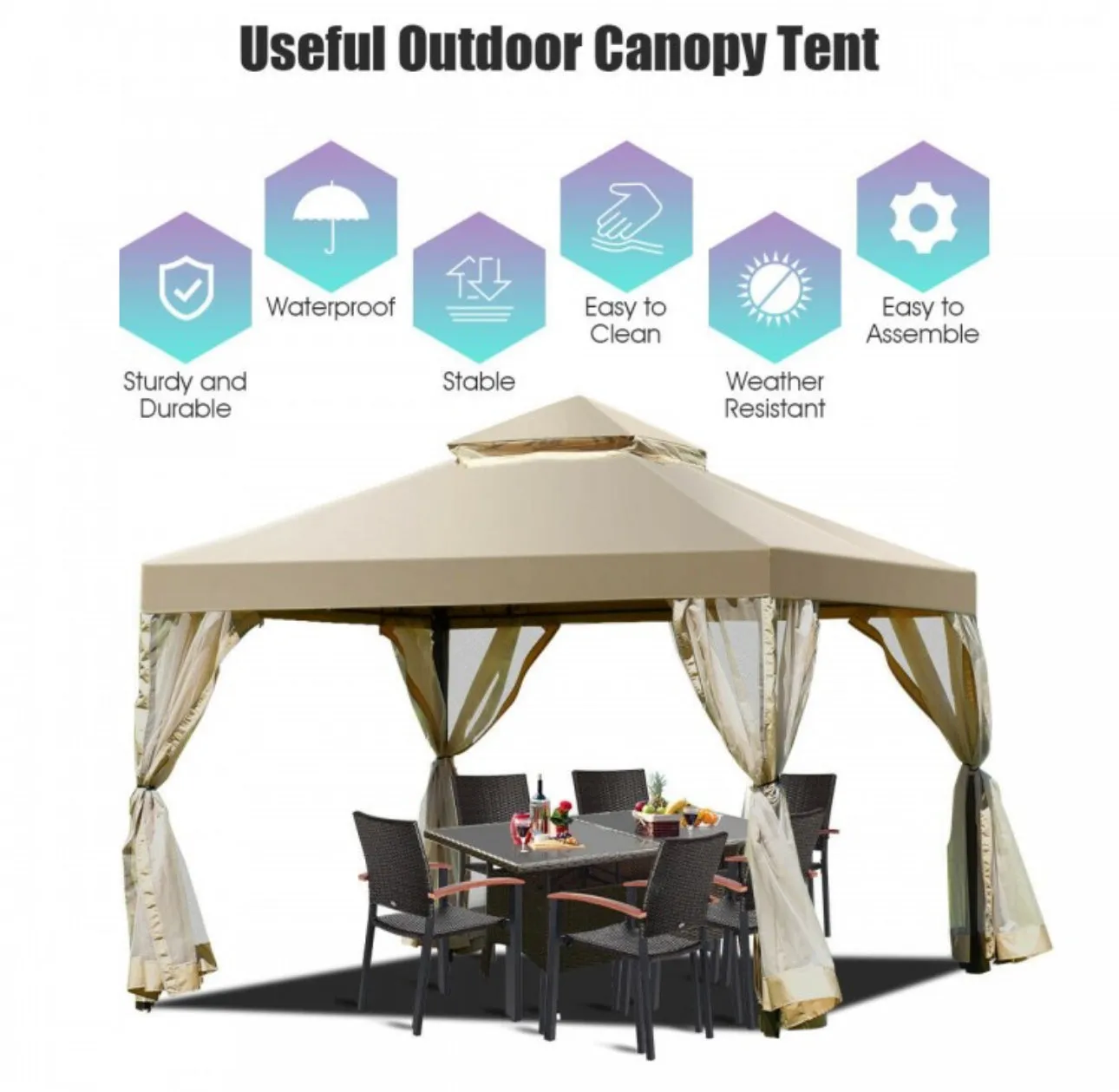 Heavy Duty Beautiful Outdoor 2-Tier 10x10 FT Screw-Free Structure Patio Shelter Gazebo Canopy | For Gatherings, BBQ, Pool, Etc | Waterproof | Easy Assembly