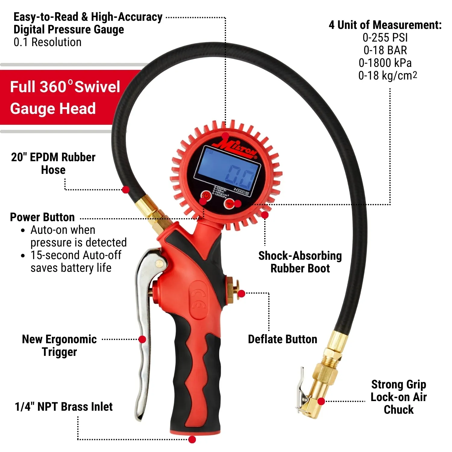 Heavy-Duty Digital Tire Inflator and Air Pressure Gauge, Clip-on Chuck, 1/4" NPT, 20" Rubber Hose, 0-255 PSI