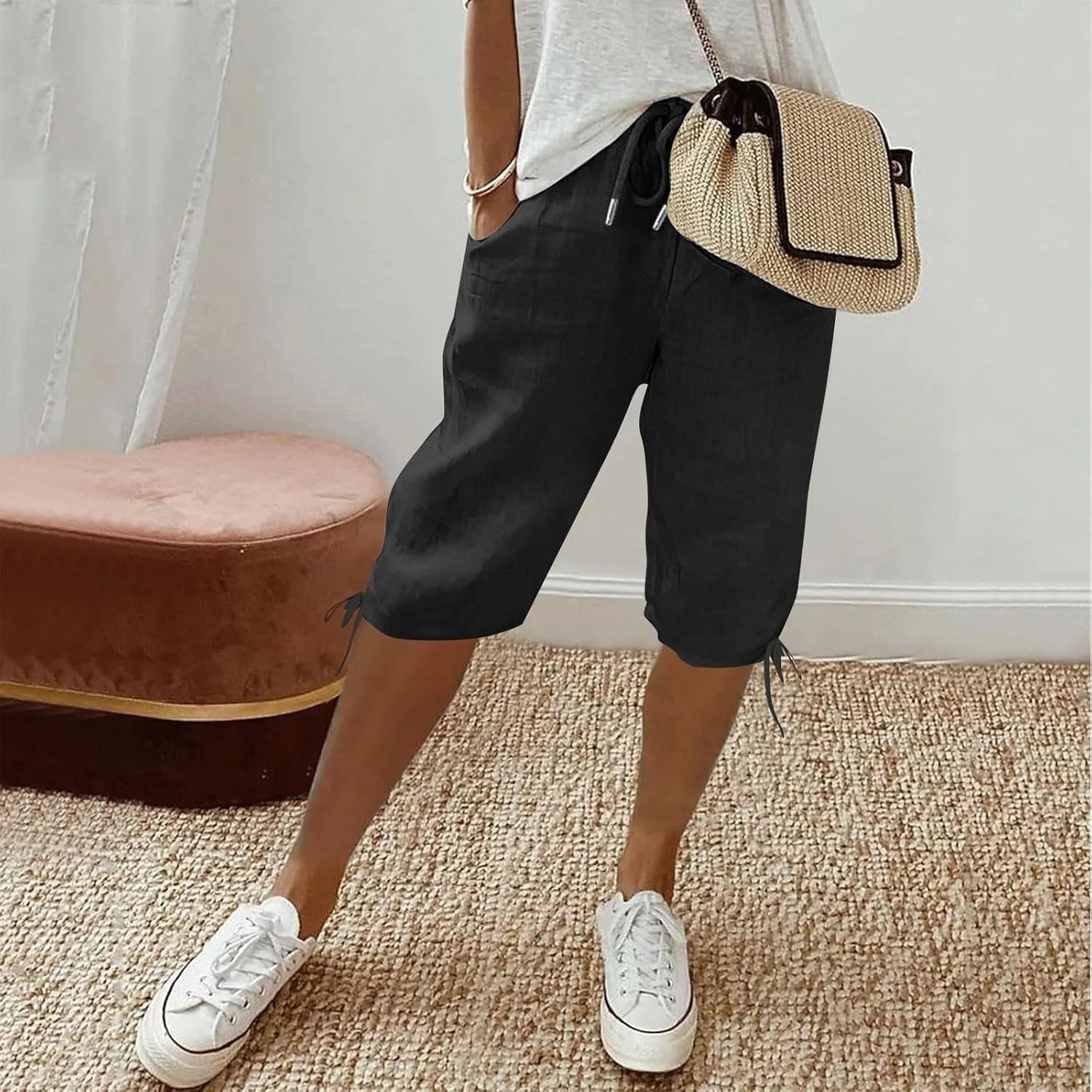 Hiking Pants Women Cold Drawstring Summer Loose Capri Pants for Women Stretch Cargo Petite Womens Capris Linen