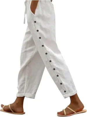Linen Pants Women Long Button Down Loose Cotton Capri Pants for Women Stretch Summer Cargo Womens Capris Petite