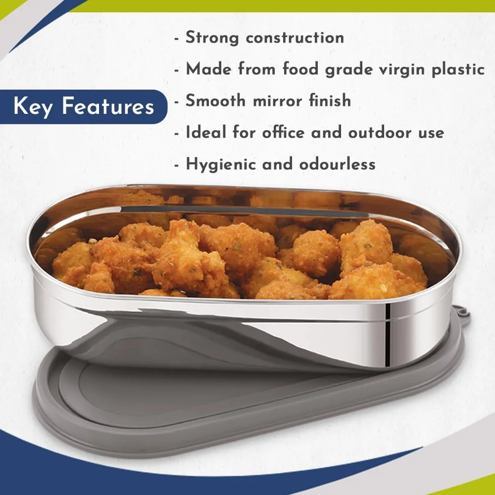 Magnus Easy Lock Deep Oval Prime Deep Container, Stainless Steel, Airtight & Leakproof Lid & Container, For School, Office Picnic, Ideal for Men,Women and Kids (Grey,780ml)