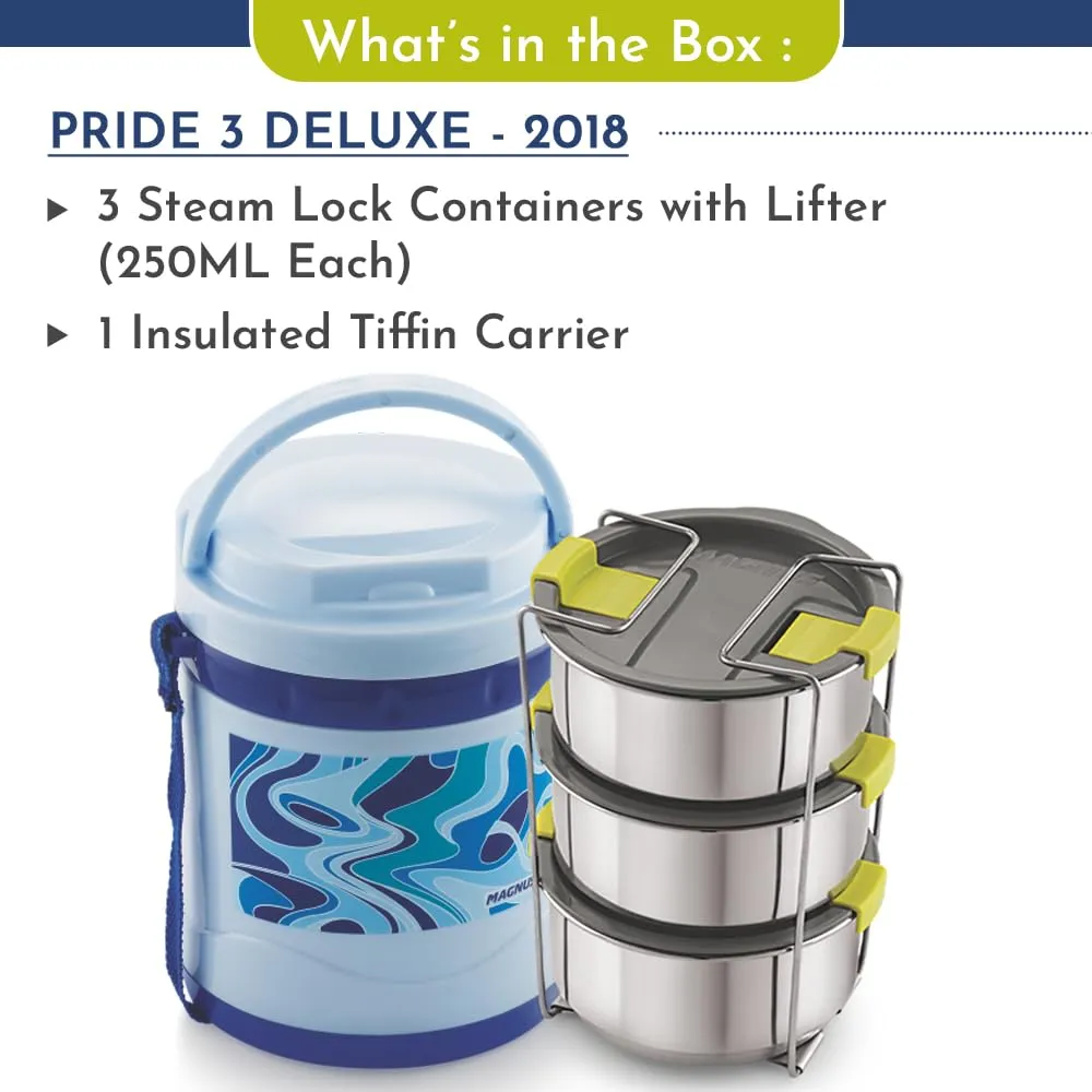 Magnus Pride 3 Blue Insulated Stainless Steel Lunch Box - Leakproof 750 ml Tiffin Made in India - Lunch Box for Kids, Lunch Boxes for Office Men, Women with Insulated Cover for Hot & Fresh Food